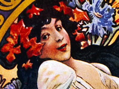 A cropped illustration of the personification of Fall, a white woman with red leaves in her black hair smiles and looks towards the viewer.