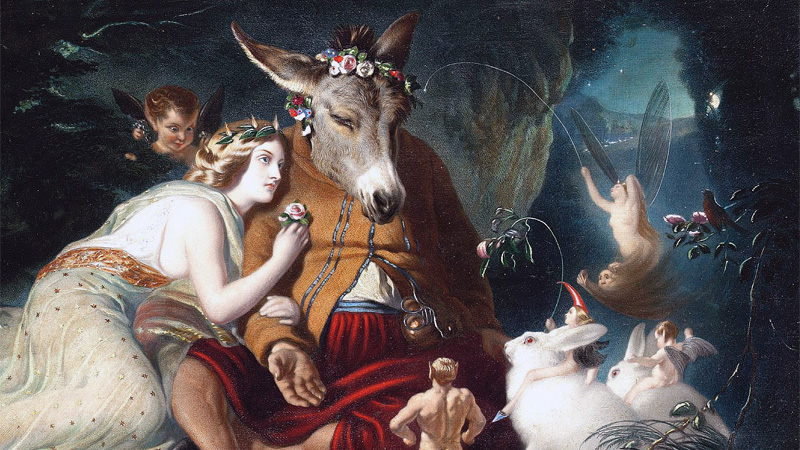 A cropped version of a painting by Sir Edwin Landseer. A woman in a white gauzy dress and floral crown leans into someone who has a person&rsquo;s body and a donkey&rsquo;s head, which also wears a floral crown. Fairies and white rabbits surround the pair.