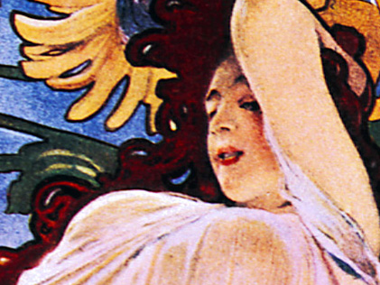 A cropped illustration of the personification of Summer, a white woman with dark red hair reclines with her left arm behind her head. A big sunflower is partially visible behind her head.