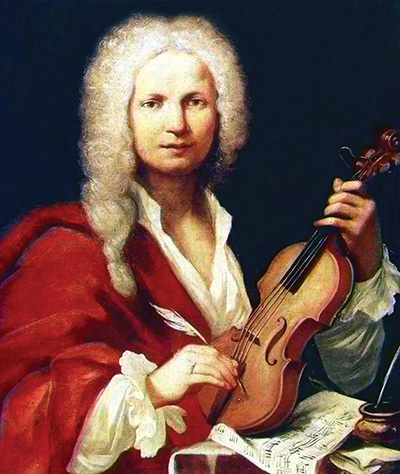 A painted image of composer Antonio Vivaldi. Vivaldi holds a violin in his left hand and a writing quill in his right hand; the violin rests on top of a sheet of music notations and next to an ink jar.
