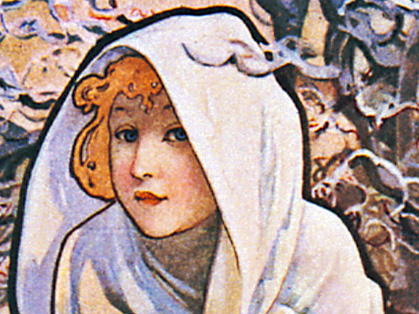A cropped illustration of the personification of Winter, a white woman with blonde hair peeks at the viewer around the edge of her cloak&rsquo;s hood.