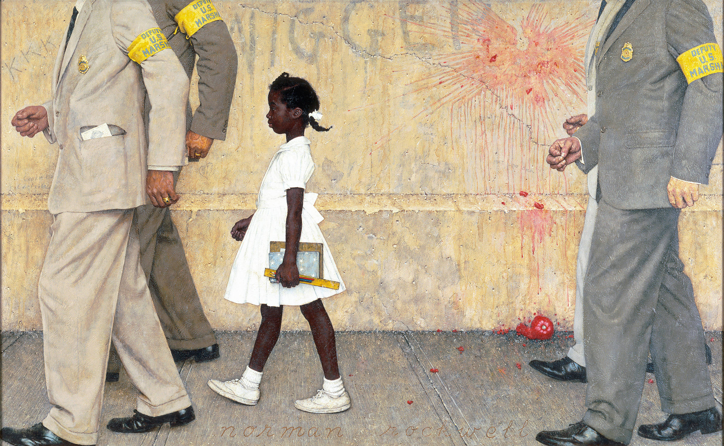 In a painting, a young Black girl is being escorted by four tall white men while they walk by a building wall. The girl wears a white dress with white shoes, white socks, and a white accessory in her hair. She carries school supplies in her hand. The men wear business suits with yellow arm bands that read &ldquo;Deputy U.S. Marshal.&rdquo; A racial slur has been sprayed on the wall and the splatter marks remain from a thrown tomato that rests on the pavement.