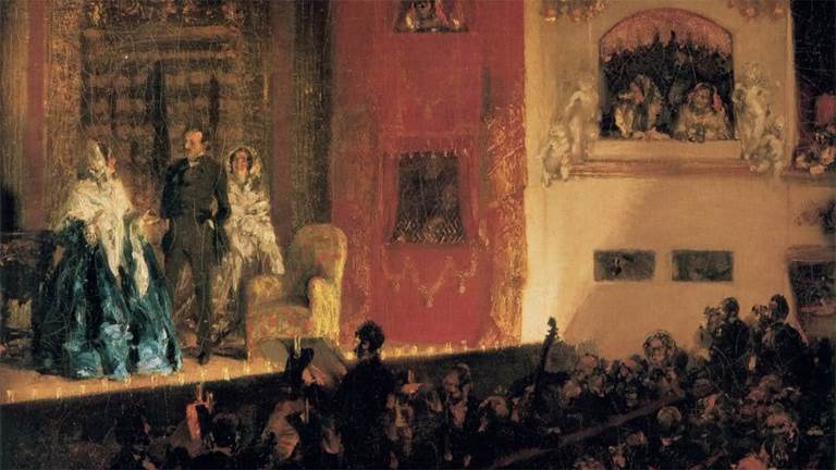 Adolph von Menzel  (1815–1905), Théâtre du Gymnase in Paris, 1856. Oil on canvas. Alte Nationalgalerie [source]
