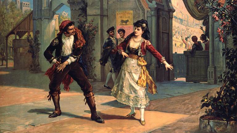 German Lithograph, 1900, drawing by Luigi Morgani with a scene from the opera 'Carmen' by Georges Bizet.