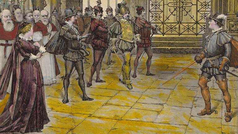 Carlo Cornaglia (artist, flourished 1854 to 1899), Act IV, Scene 3 of Giuseppe Verdi's Don Carlo, as performed at La Scala in the 1884, engraving by Giuseppe Barberis (engraver, 1840?-1917)