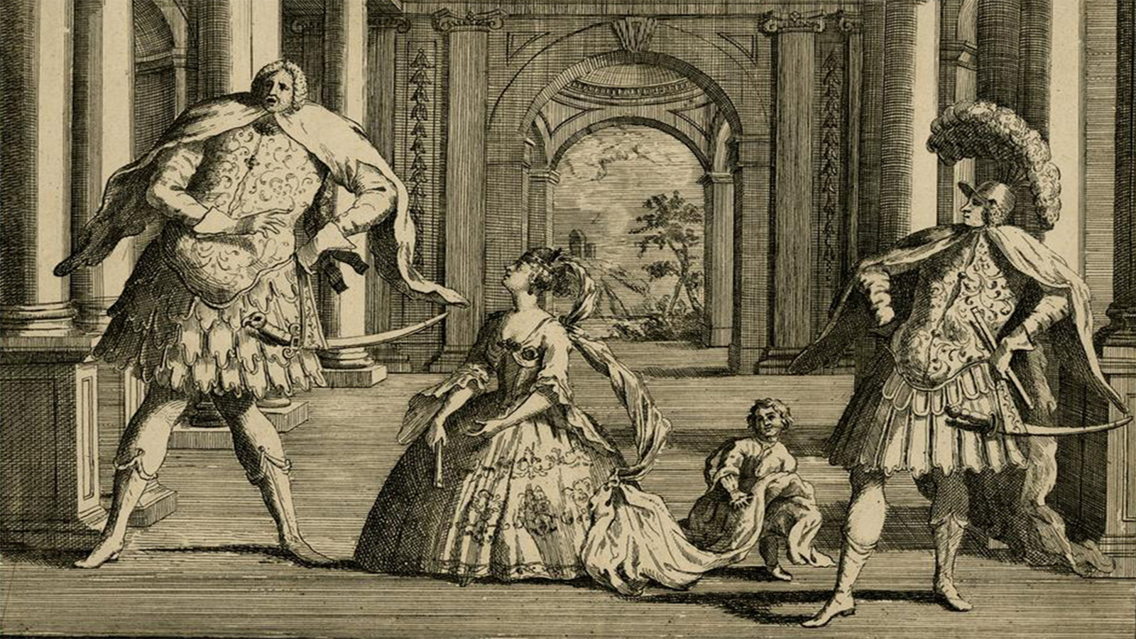 Caricature of a performance of Handel&rsquo;s Flavio, featuring three opera seria singers