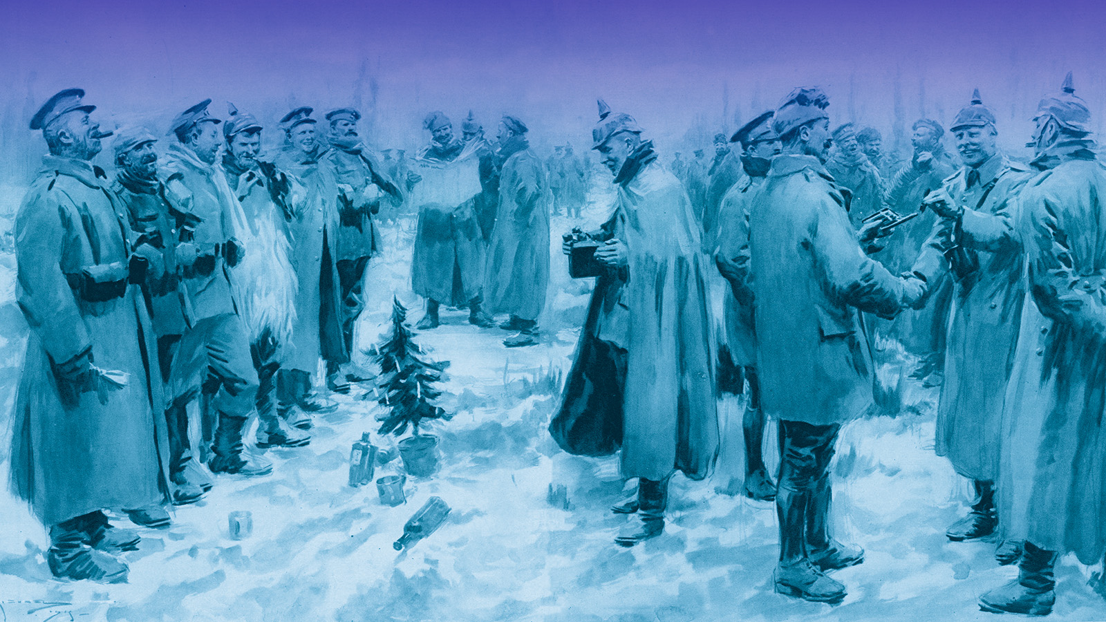 British and German Soldiers Arm-in-Arm Exchanging Headgear: A Christmas Truce between Opposing Trenches