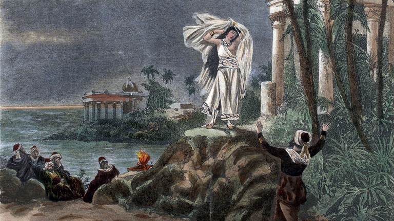 Antonio Bonamore (1845–1907), illustration published April 1886 in Il Teatro illustrato of Giovanni Zuccarelli's (1846–1897), set design for the final scene of act 1 (duet of Leïla and Nadir) in the opera Les pêcheurs de perles by Georges Bizet, as produced at La Scala on 20 March 1886, the Milan premiere.