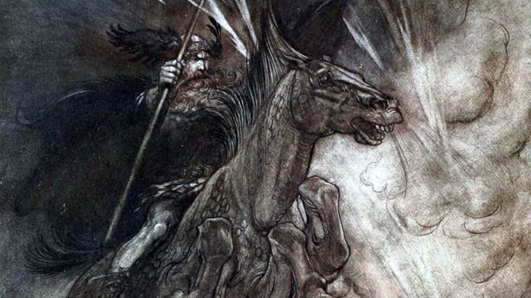 Arthur Rackham (1867–1939), Raging, Wotan rides to the rock (1910) 