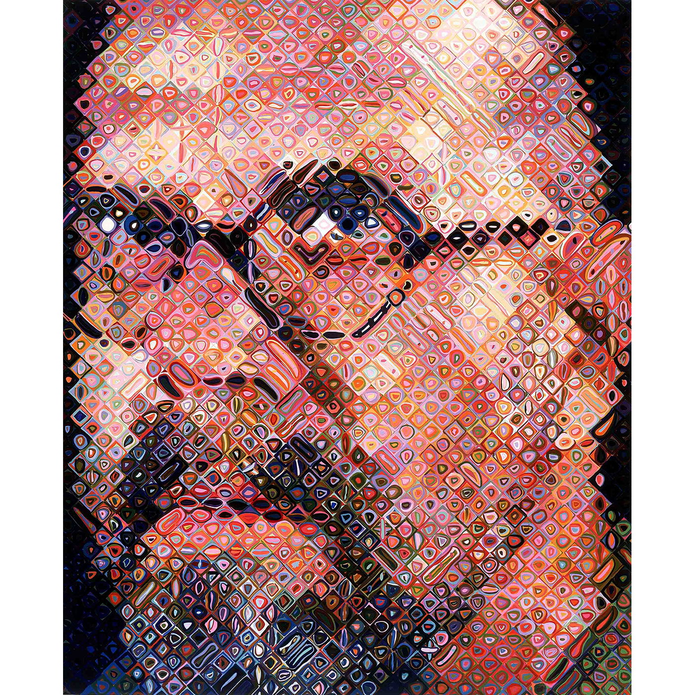 A painted portrait of a man's face composed of small colored squares