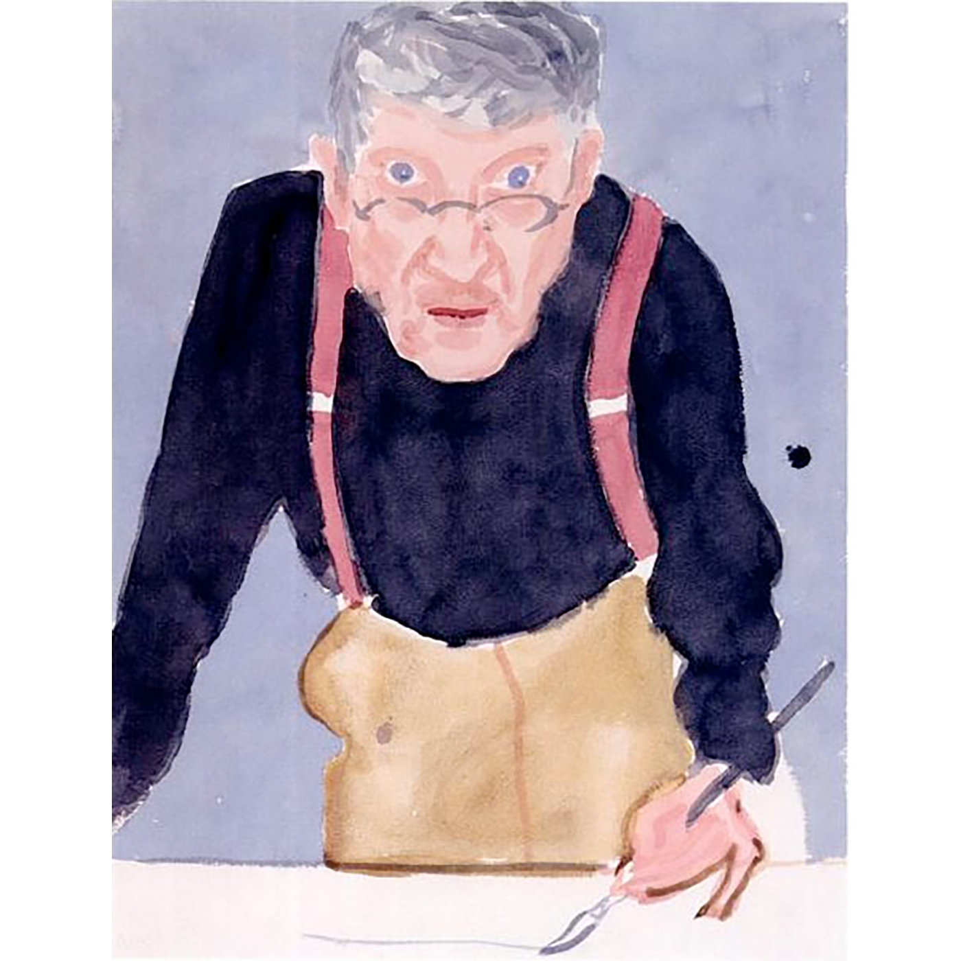 A painting of an older man in a dark blue shirt and red suspenders; he is using a pen or brush on paper 