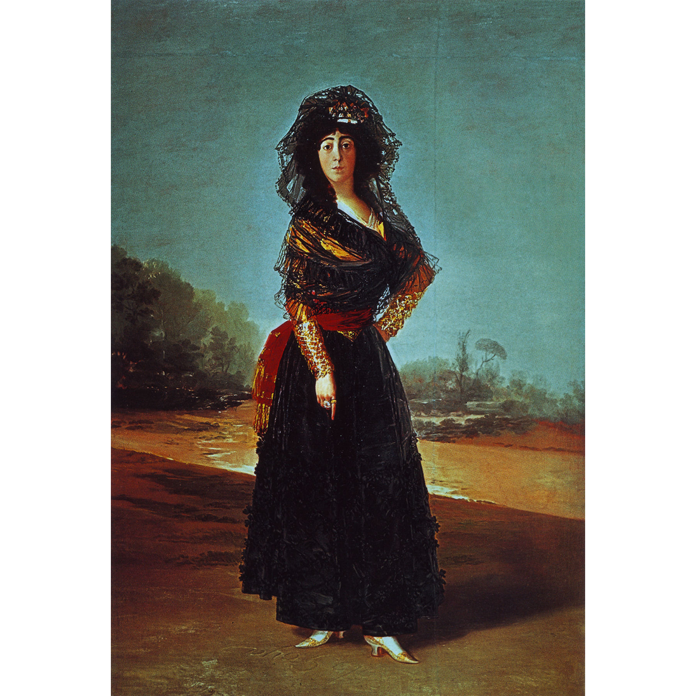 A painting of a woman wearing a dress and a hat