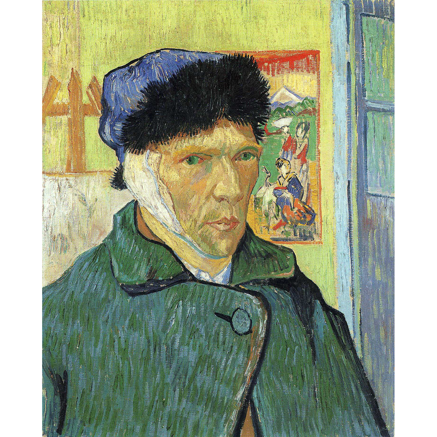 A painting of a man wearing a hat with bandage over his ear