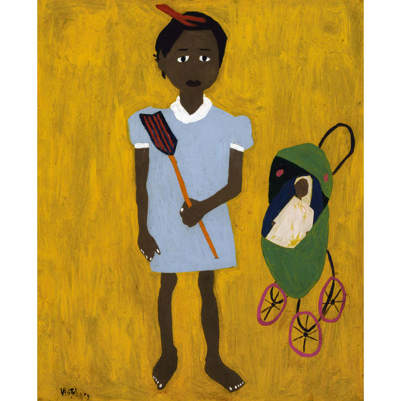A painting of a young girl with a stroller, she is wearing a light blue dress and is in front of a dark yellow background