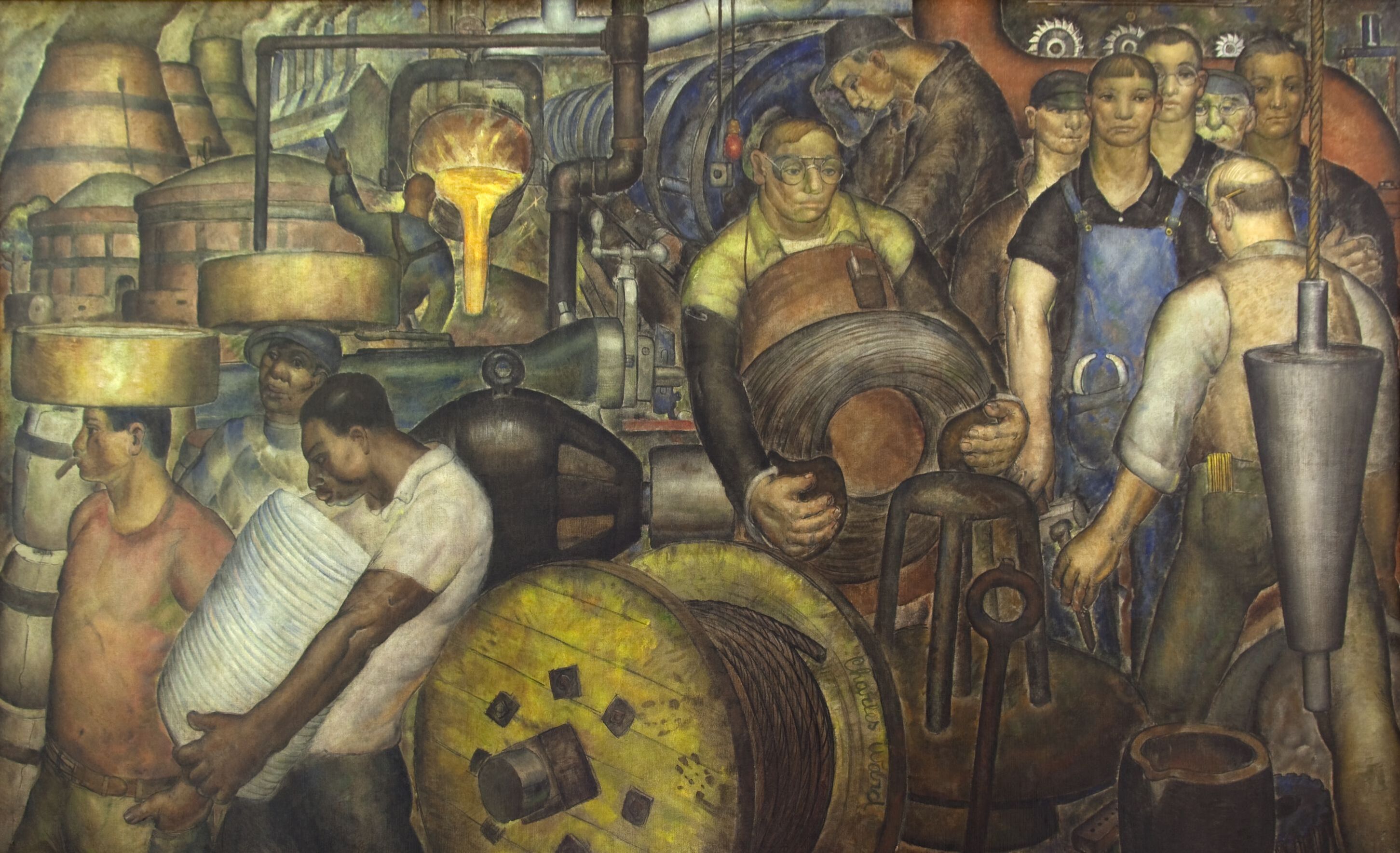 A painted mural of men working in a factory setting. Some figures carry heavy itmes while others seemingly listen to one person's instructions.