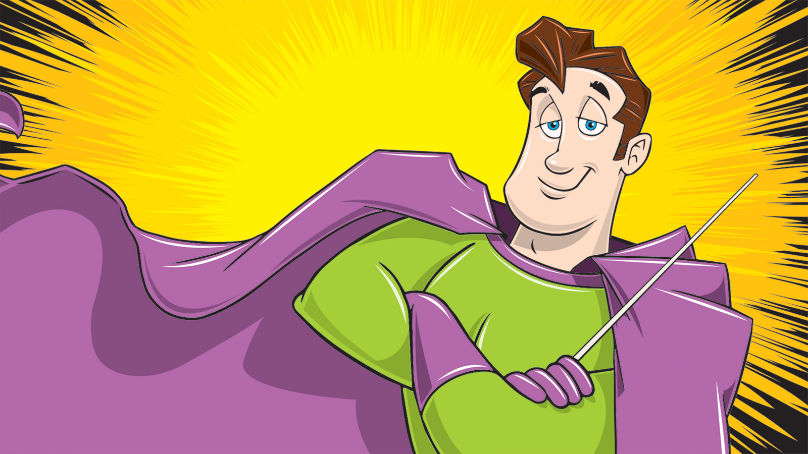An illustration of a superhero character holding a conductor's baton. The character wears a green body suit with a purple cape waving behind him.