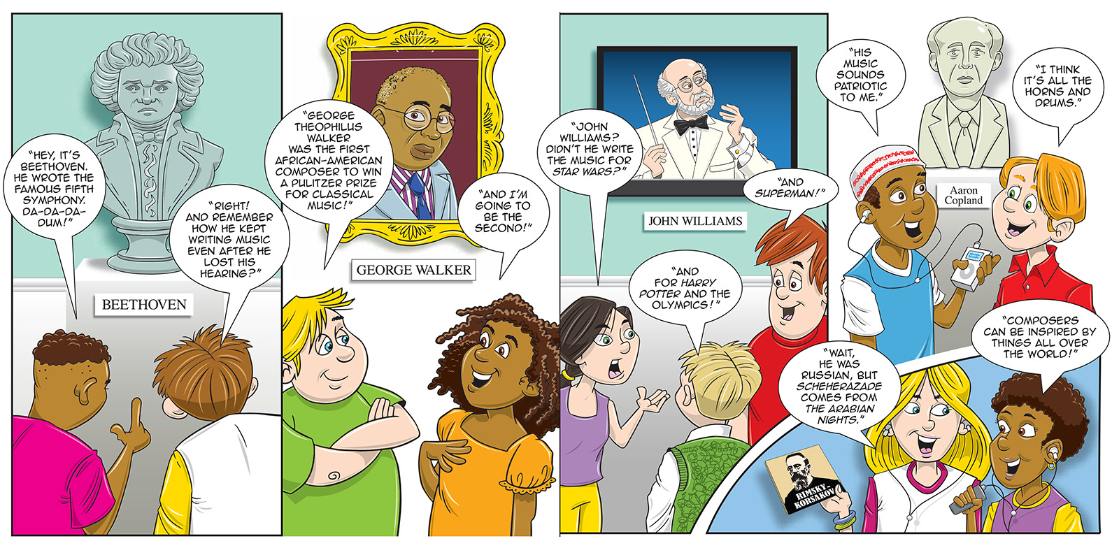 An illustration of students visiting different paintings and statues composers Beethoven, George Walker, John Williams, and Aaron Copland.