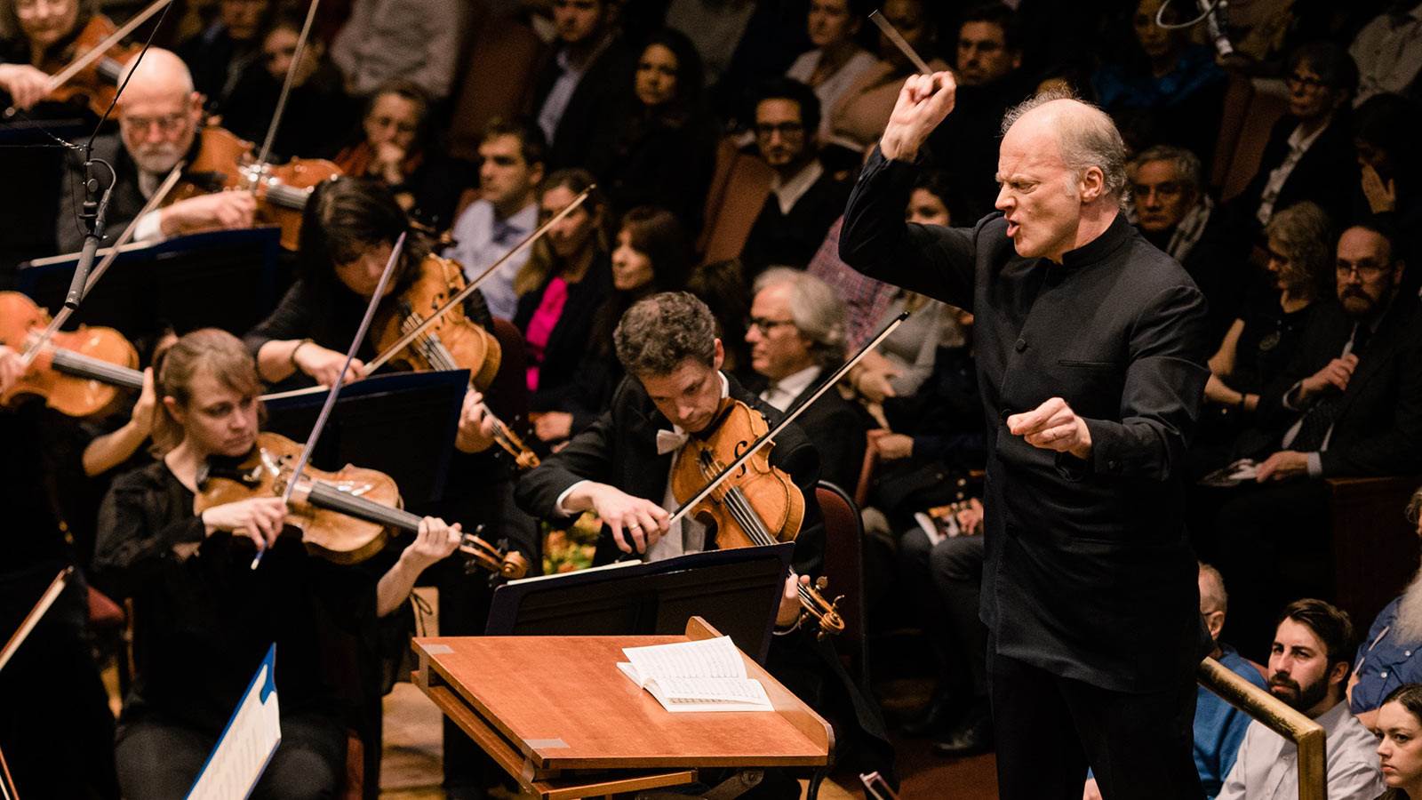 A white man in a black suit conducts an orchestra in a concert hall