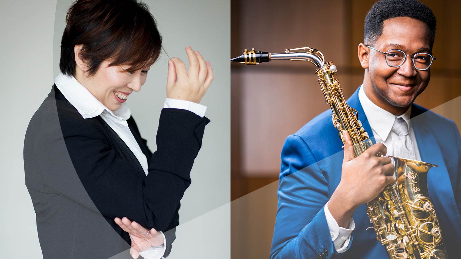 Steven Banks holding saxophone and conductor Xian Zhang smiling, touching hair