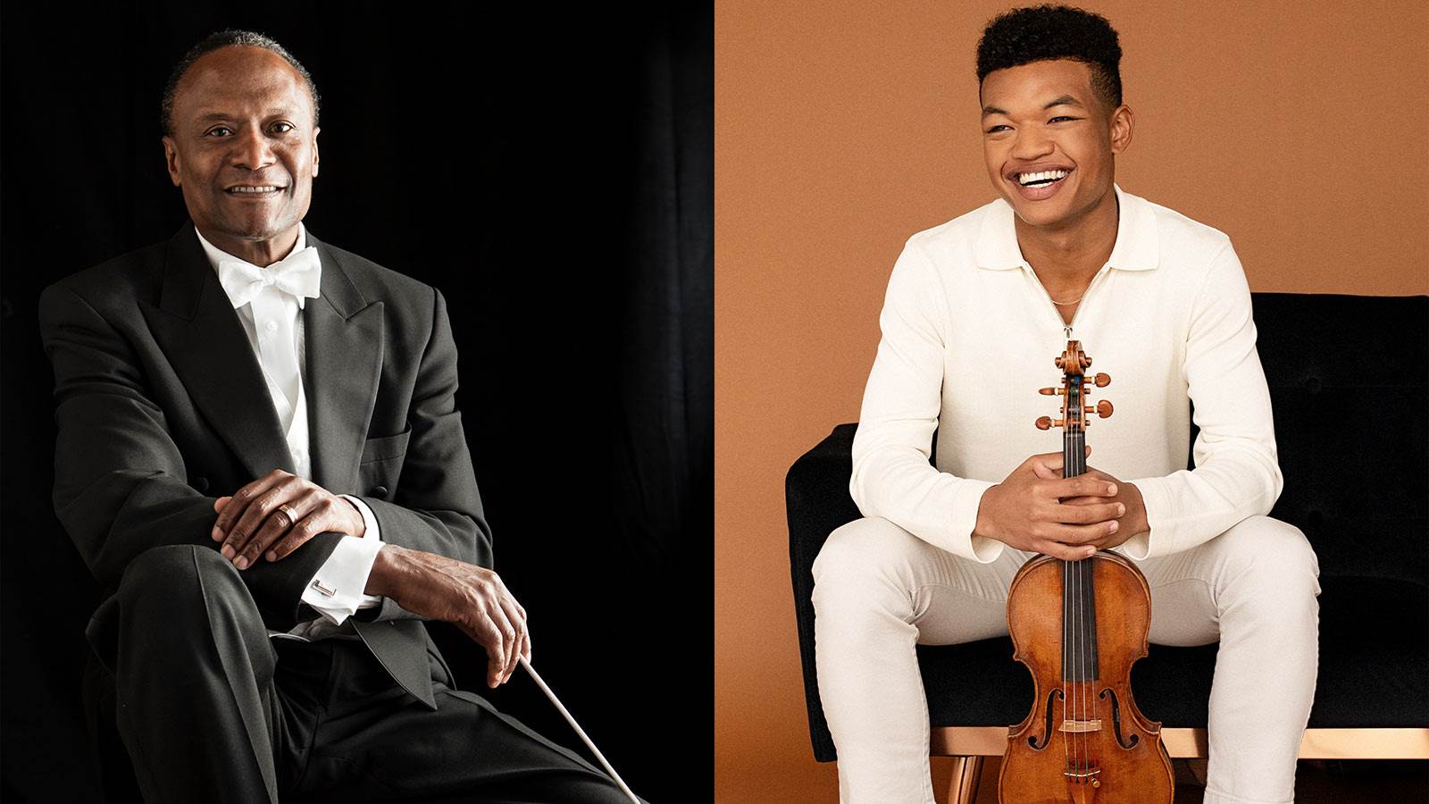 Thomas Wilkins holding conductor baton wearing tux and Randall Goosby in white clothes holding violin