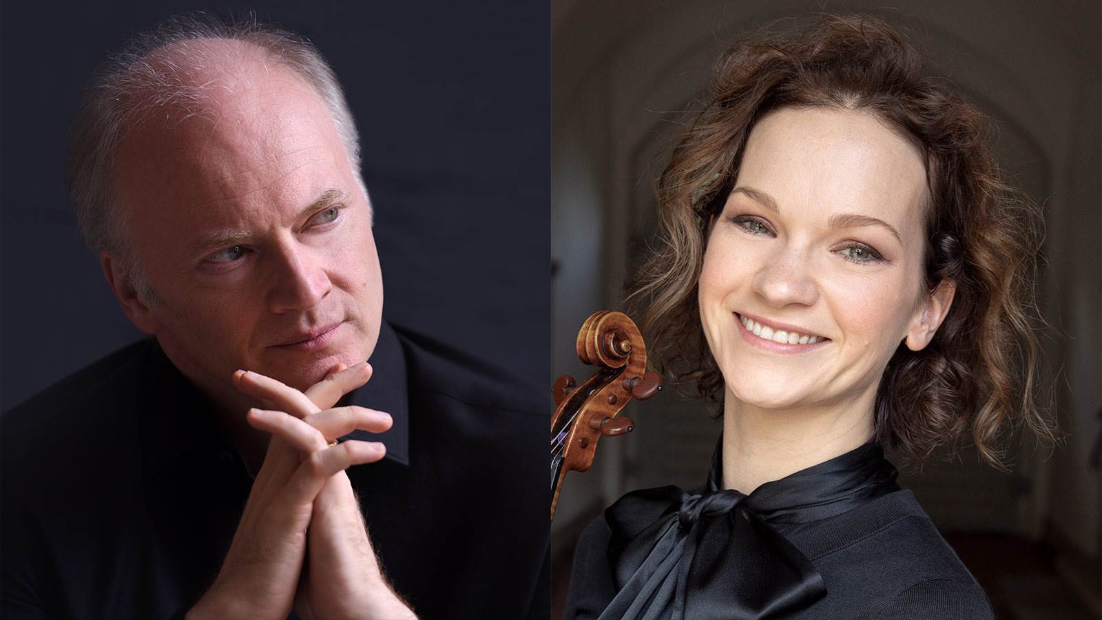Gianandrea Noseda with hands on chin and Hilary Hahn smiling holding violin
