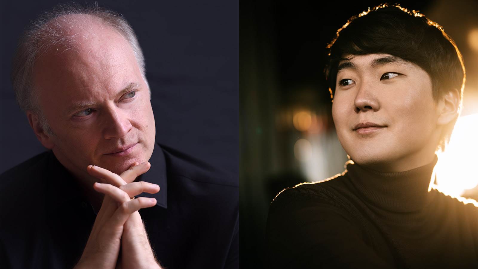 Gianandrea Noseda with hands on chin and Seong Jin Cho in black shirt with light in background