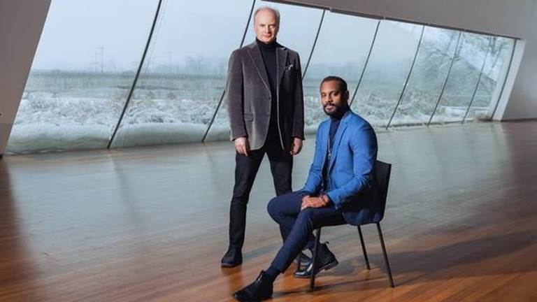National Symphony Orchestra Music Director Gianandrea Noseda and Grammy®-nominated, multi-genre Composer-in-Residence Carlos Simon in the Skylight Pavilion at the Kennedy Center.