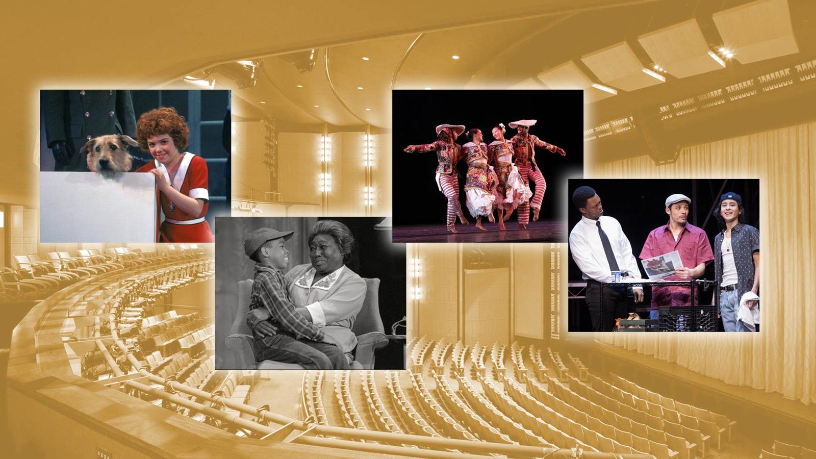 Images of past performances float over an images of the interior of the Eisenhower Theater