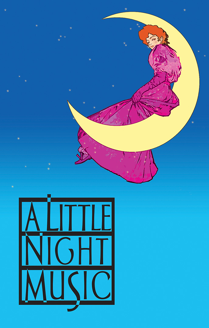 A drawing of a turn-of-the-century woman in a pink dress sitting on a yellow crescent moon floating in the sky