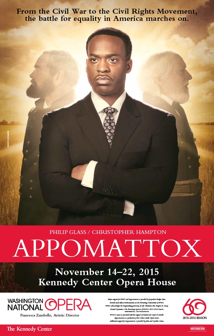 A black man in a suit and tie poses with arms crossed in front of two Civil War generals with bright sunlight behind them