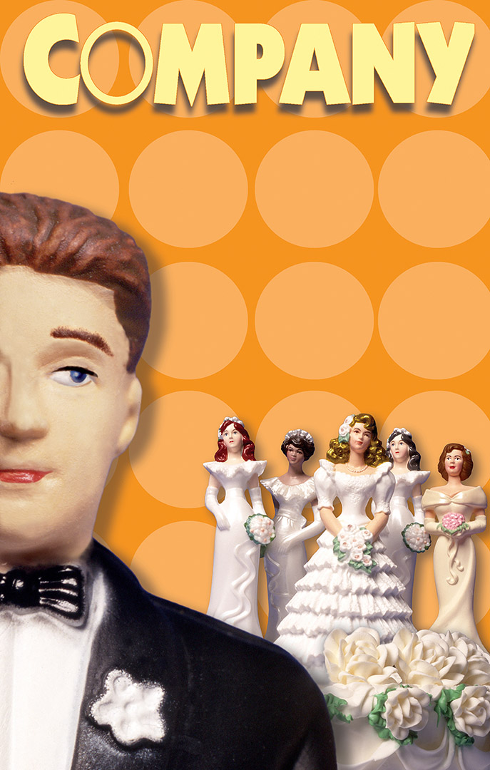 A plastic figurine of a bridegroom in the foreground and a cluster of 5 bride figurines atop a wedding cake in front of a bright orange polka dot background