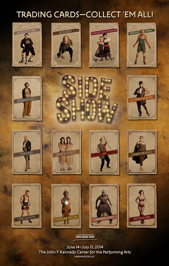 A grid of trading cards featuring images of circus freaks in a faded vintage color palette