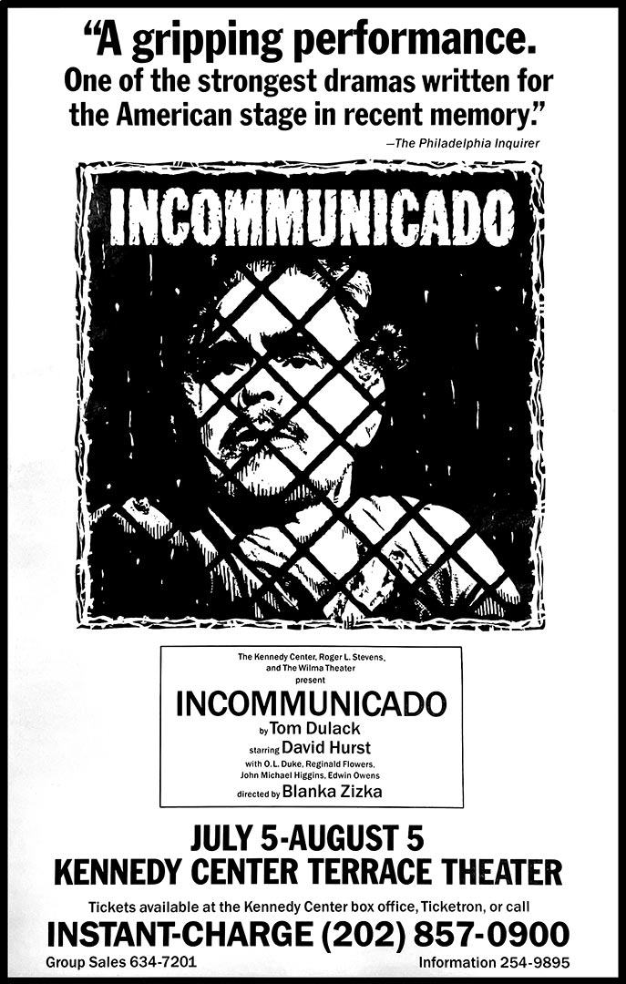 A black and white illustration of a man's face in half shadow behind a wire mesh fence