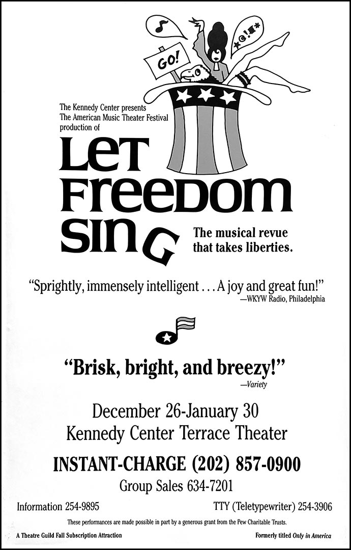 A cartoon illustrations shows an eagle with a protest sign, a female judge with a beehive hairdo, and sexy legs spilling out of an Uncle Sam top hat