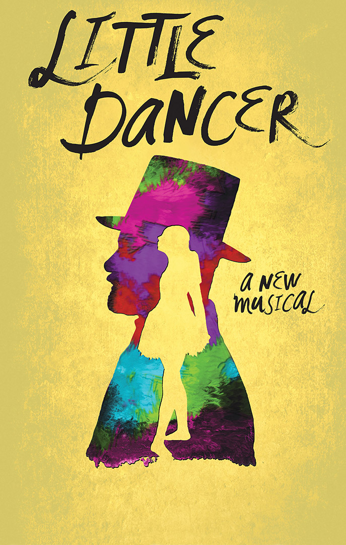 on a yellow painterly background is a colorful silhouette of a bearded man in a top hat. On top is a cut out of a young ballerina in a tutu.