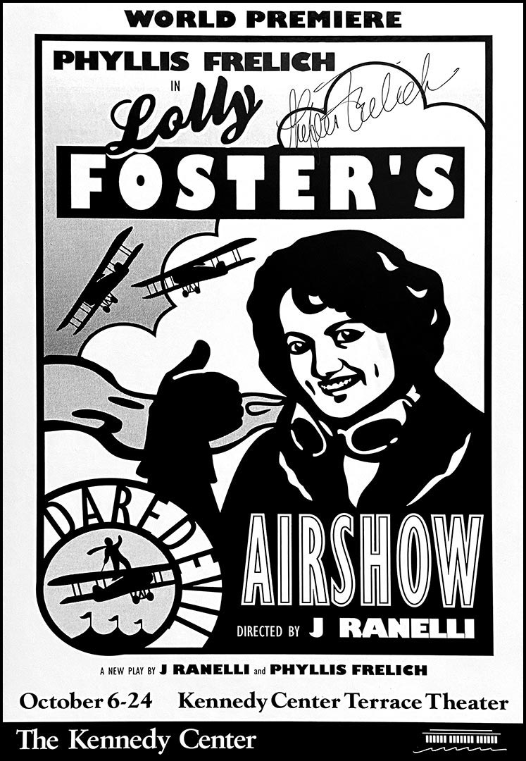 An illustration of a smiling woman in pilot garb giving the thumbs-up sign while behind her biplanes perform aerial acrobatics