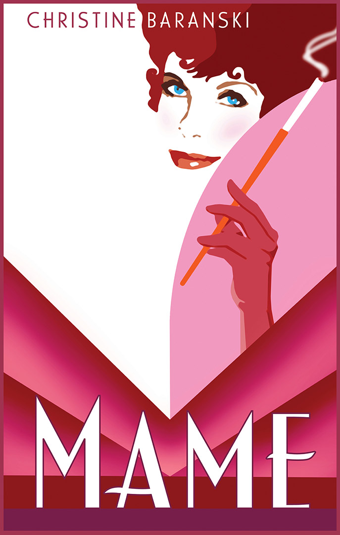 An art deco style line drawing in shades of pink and burgundy of a smiling woman holding a cigarette in a gloved hand
