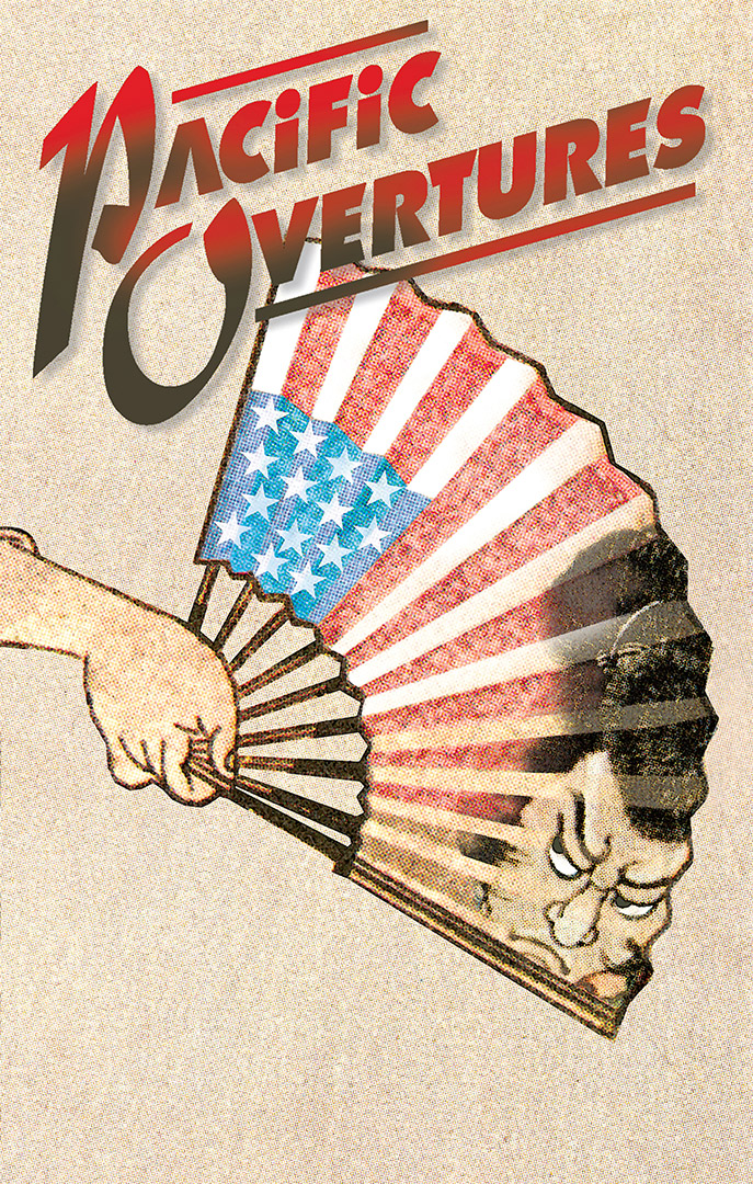 An line illustration of hand holding a pleated paper fan painted with an American flag and the face of a Japanese man wearing an angry expression