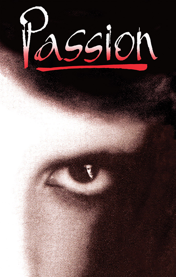 A closeup view of a woman's face showing one in which is reflected the face of a man