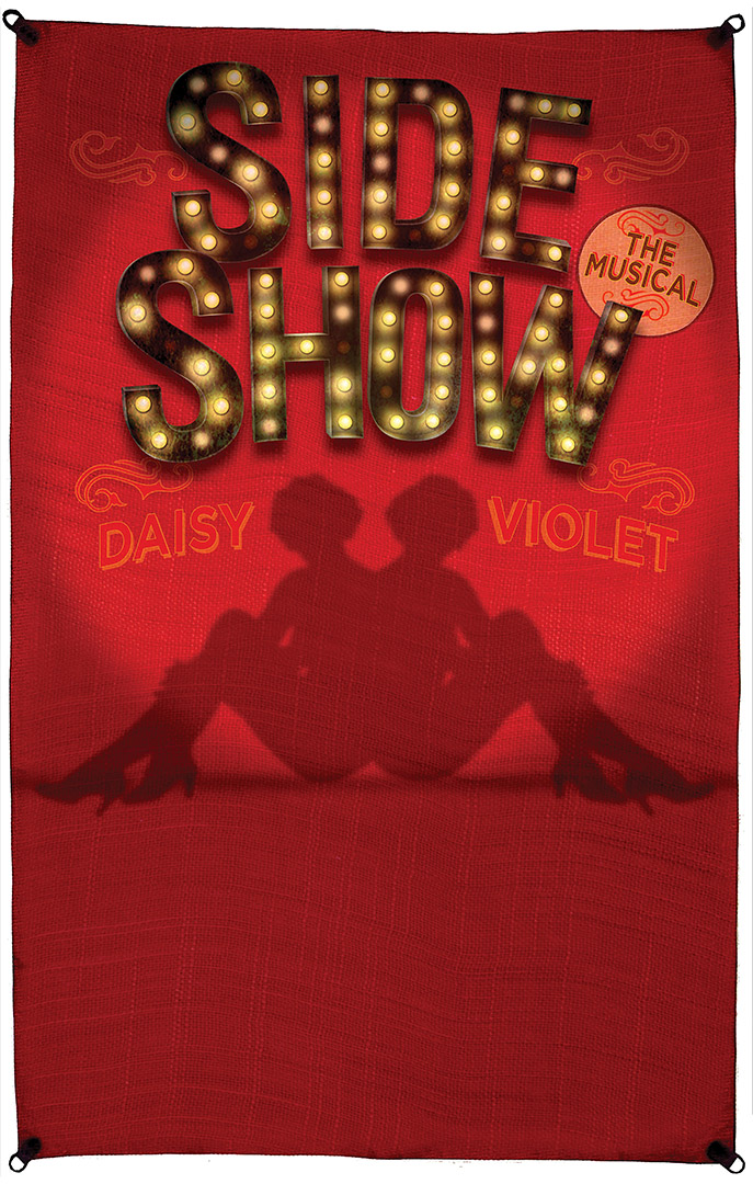 On a red canvas tarp a logo in Broadway lights hovers over a silhouette of two women sitting back to back in a spotlight