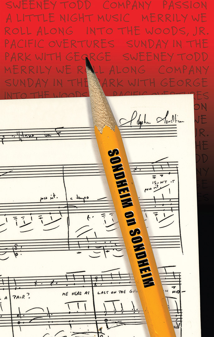 A yellow pencil sits atop a piece of sheet music over a red background with inscribed with the names of musicals