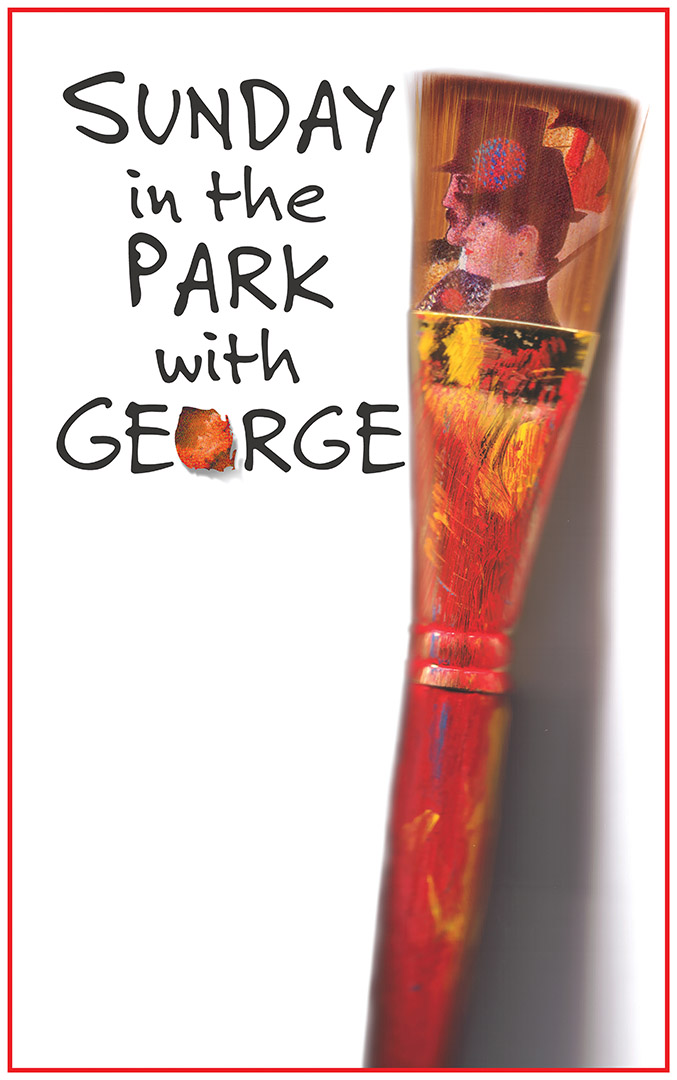 An image of a man and a woman is superimposed over the bristles of an artist's paintbrush spattered with paint