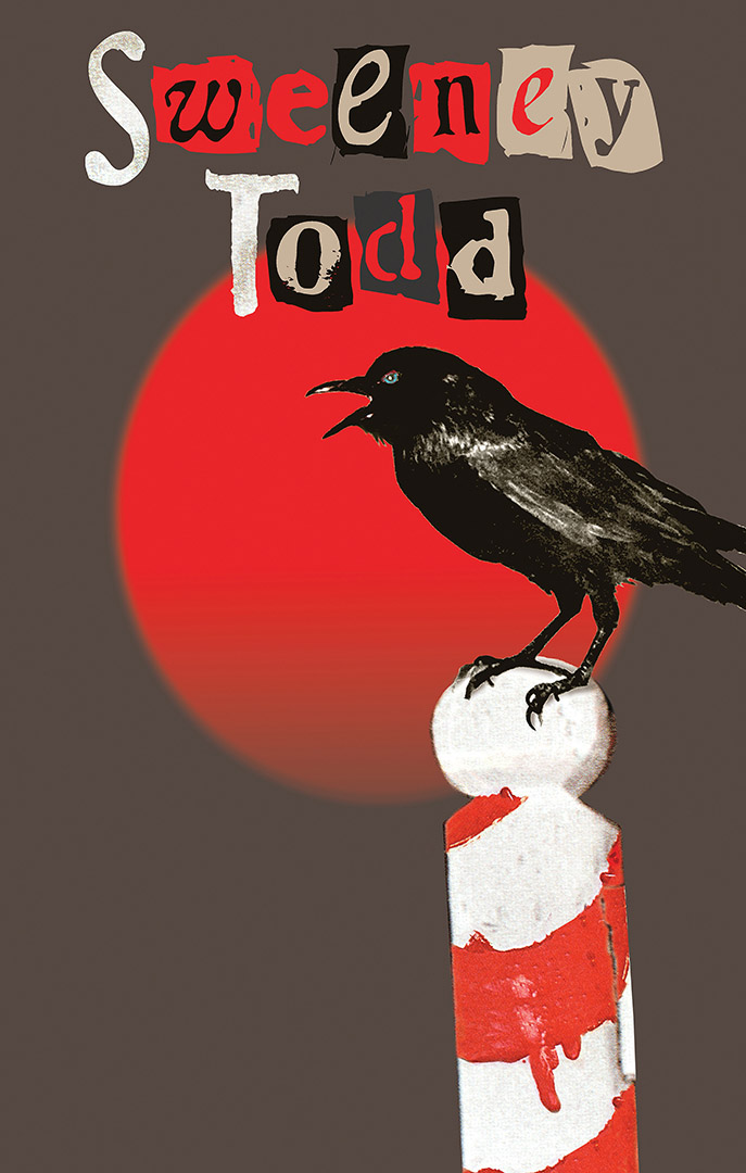 A black crow sits atop a barber pole painted with dripping red stripes in front of a blood red sun