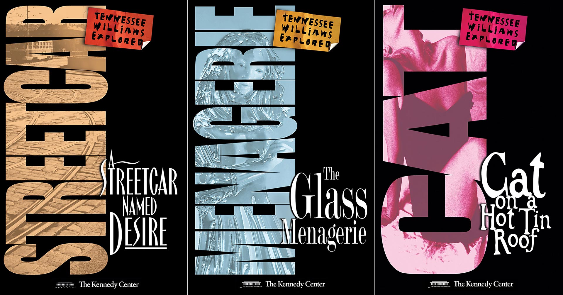 Three big words Streetcar, Menagerie, and Cat hold images of a streetcar, a glass figurine, and a woman in a slip. The words are tan, yellow, and blue on a black background. images of 