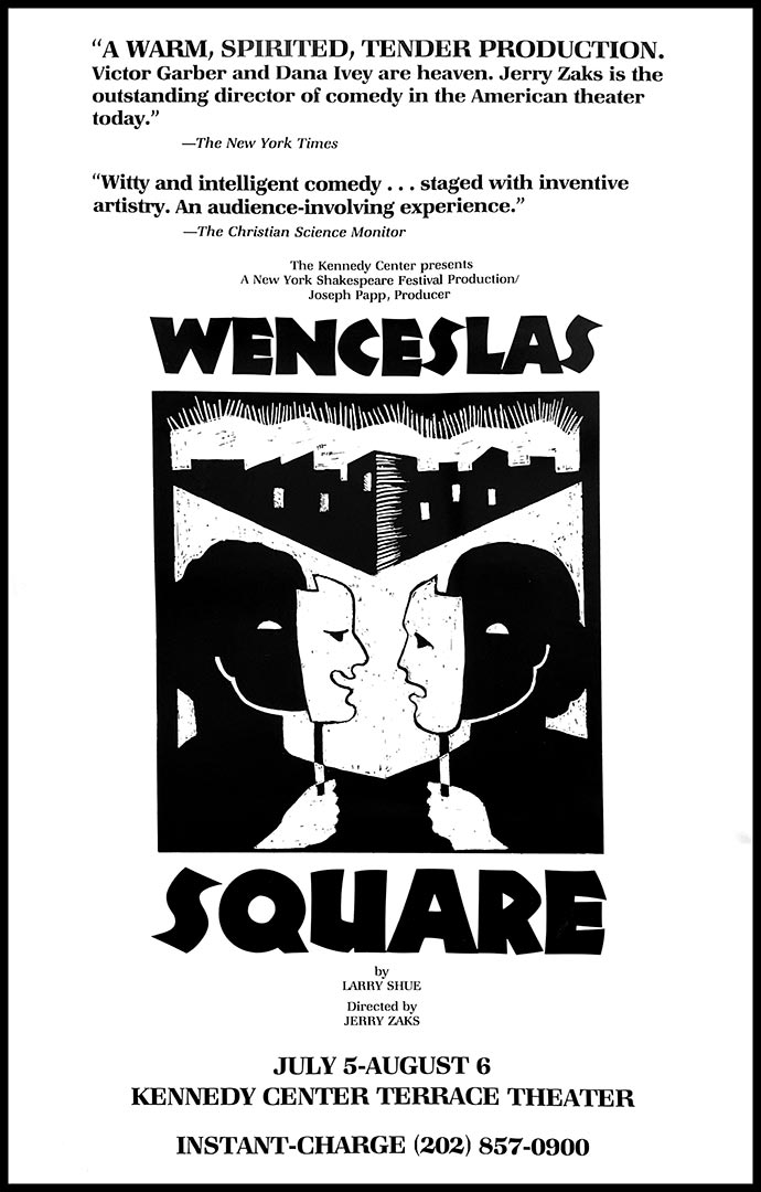 An illustration of two faceless figures hiding behind comedy and tragedy masks in front of an imposing block of urban buildings