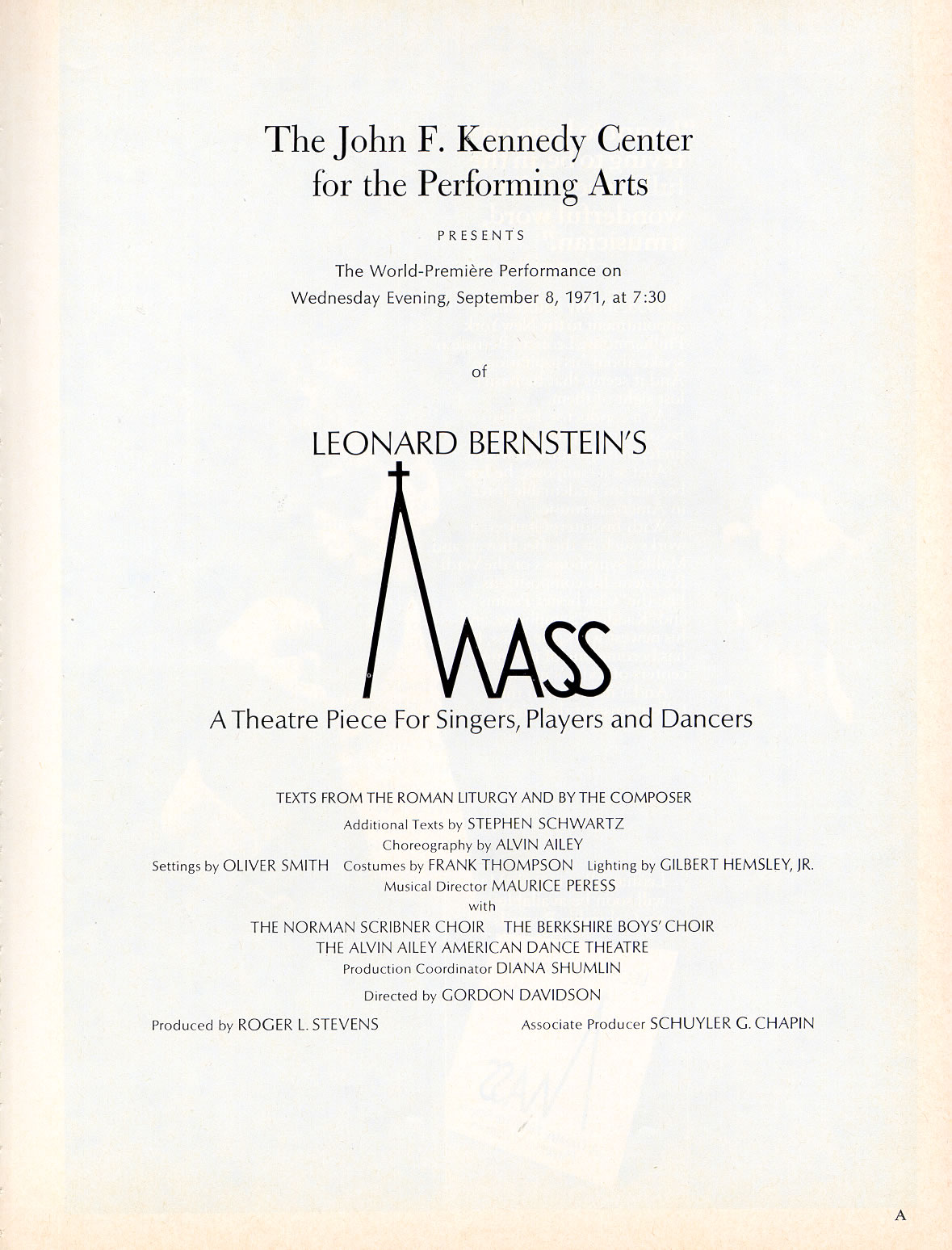 Mass opening night program page 1 with title, logo, date, basic credits