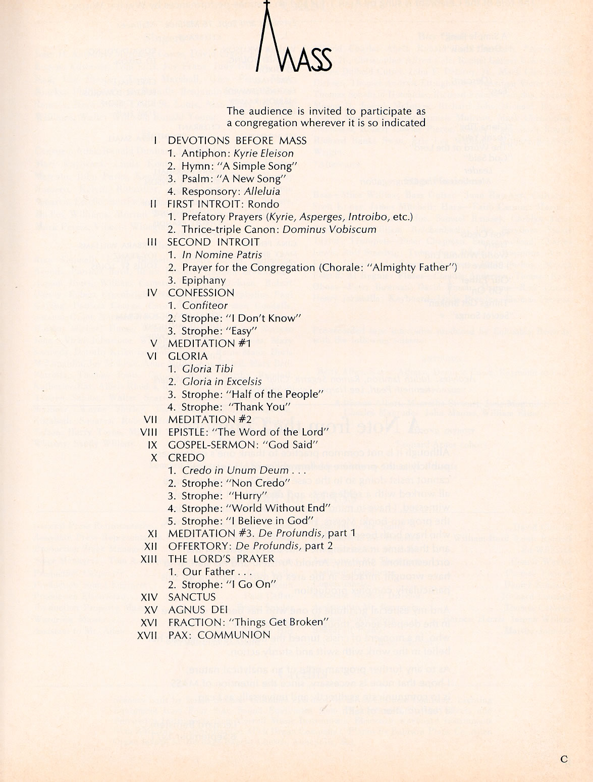 Mass opening night program page 2 with the order of the Mass and titles of sections