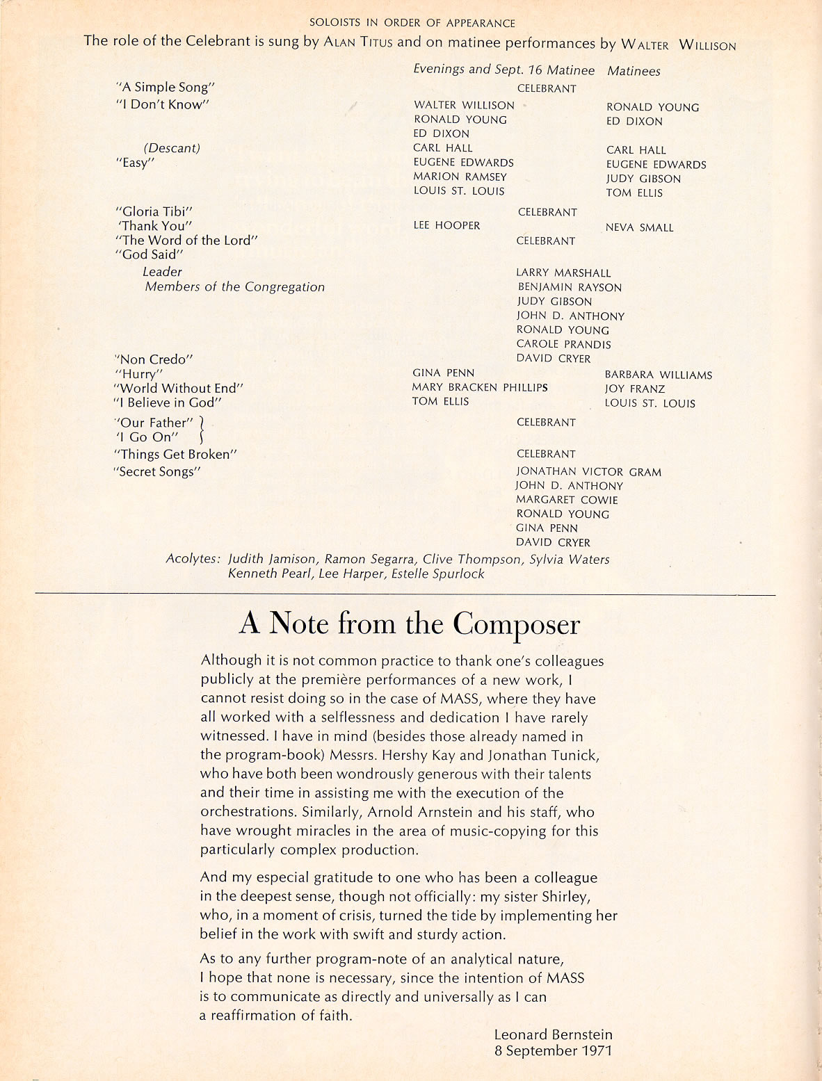 Mass opening night program page 3 with a note from the composer and names of noted soloists and performers