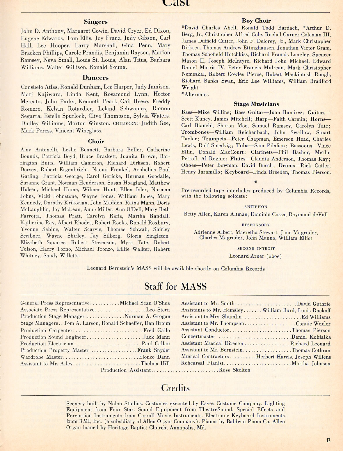 Mass opening night program page 4 with cast, staff, and external credits