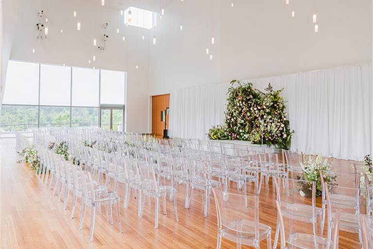 wedding with flowers at the REACH's Skylight Pavilion